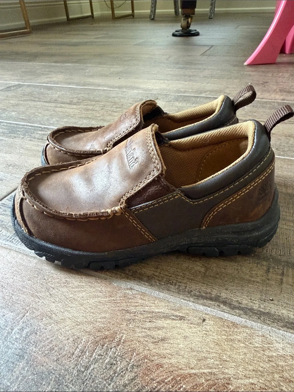 Timberland Kids Brown Leather Slip-On Moccs with Black Soles
